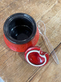 Vintage 1970s West German Pottery Breakfast Set – Butter Dish, Jam Pot, Salt & Pepper Shakers, 6 Egg Cups – Retro Red Glaze
