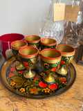 Vintage Russian Khokhloma Egg Cups & Tray Set – Hand Painted Folk Art (6 Pieces)