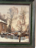 Detail of trees and snowy house in Russian Impressionist oil painting