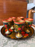 Vintage Russian Khokhloma Egg Cups & Tray Set – Hand Painted Folk Art (6 Pieces)