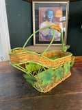 Vintage French Bottle Holder & Pourer – Metal & Wicker with Grape Leaves Design
