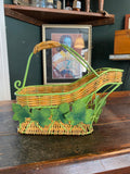 Vintage French Bottle Holder & Pourer – Metal & Wicker with Grape Leaves Design