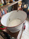Vintage Enamel Tub with Red Trim – Rustic White Enamel Basin with Handles – 62cm x 40cm