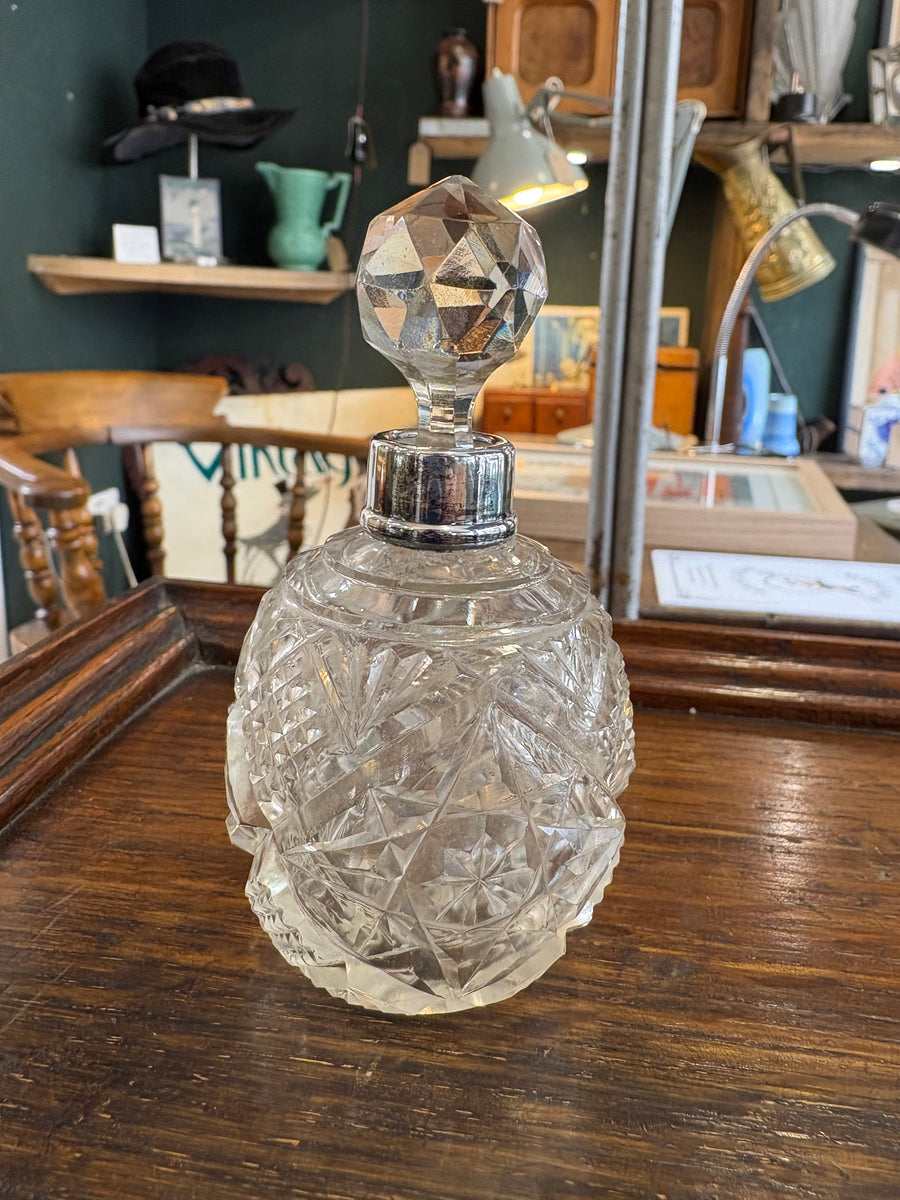 Vintage Cut Glass Scent Bottle with Birmingham Sterling Silver