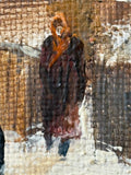 Close-up of woman in orange scarf in Russian Impressionistic winter oil painting