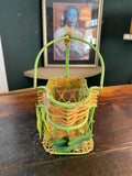 Vintage French Bottle Holder & Pourer – Metal & Wicker with Grape Leaves Design