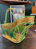 Vintage French Bottle Holder & Pourer – Metal & Wicker with Grape Leaves Design