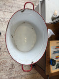 Vintage Enamel Tub with Red Trim – Rustic White Enamel Basin with Handles – 62cm x 40cm