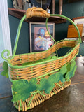 Vintage French Bottle Holder & Pourer – Metal & Wicker with Grape Leaves Design