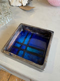 West German Pottery Square Trinket Dish – Blue Geometric, Mid Century Modern