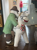 Vintage Russian Kargopol Clay Toy Figurine – Hand-Painted Folk Art Man with Horse