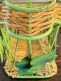 Vintage French Bottle Holder & Pourer – Metal & Wicker with Grape Leaves Design
