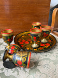 Vintage Russian Khokhloma Egg Cups & Tray Set – Hand Painted Folk Art (6 Pieces)