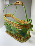 Vintage French Bottle Holder & Pourer – Metal & Wicker with Grape Leaves Design