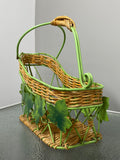 Vintage French Bottle Holder & Pourer – Metal & Wicker with Grape Leaves Design