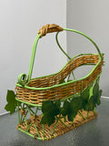 Vintage French Bottle Holder & Pourer – Metal & Wicker with Grape Leaves Design
