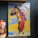 Mid-Century Oil Painting – Barefoot Woman Carrying Firewood – Bold Colours & Striking Composition