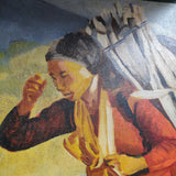 Mid-Century Oil Painting – Barefoot Woman Carrying Firewood – Bold Colours & Striking Composition