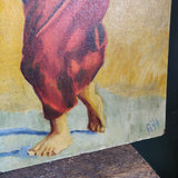 Mid-Century Oil Painting – Barefoot Woman Carrying Firewood – Bold Colours & Striking Composition