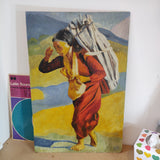 Mid-Century Oil Painting – Barefoot Woman Carrying Firewood – Bold Colours & Striking Composition