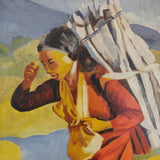 Mid-Century Oil Painting – Barefoot Woman Carrying Firewood – Bold Colours & Striking Composition