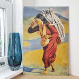 Mid-Century Oil Painting – Barefoot Woman Carrying Firewood – Bold Colours & Striking Composition
