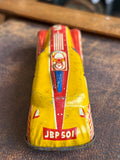 Front view of JBP Products tinplate streamlined racing car showing JBP 501 licence plate and yellow nose