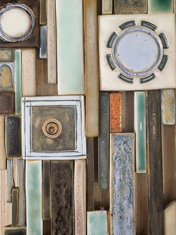 Geometric ceramic detail from Anne Plant Krimanchuli wall panel.