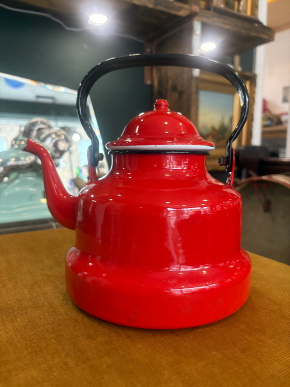 Vintage mid-century red enamel kettle with black handle