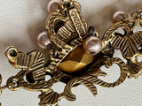 Florenza Signed Vintage Necklace, 1950s Gold Tone, Peridot Green Rhinestones & Faux Seed Pearls — As Found