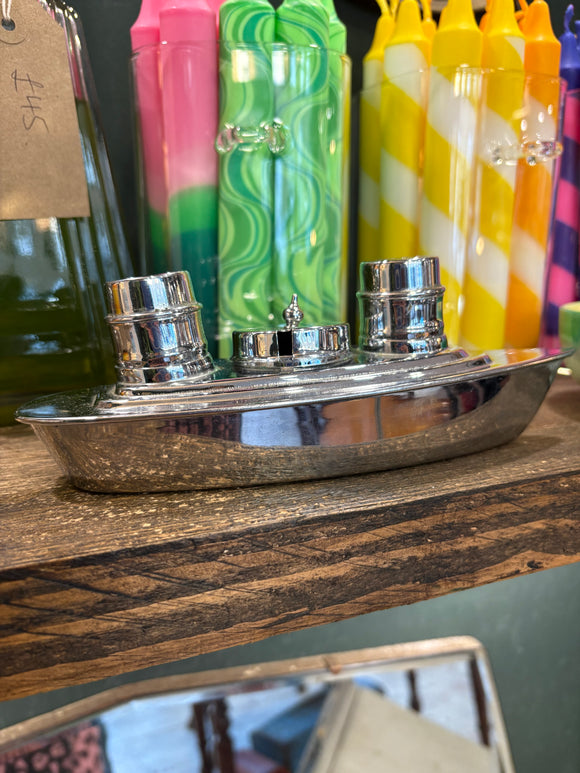 Vintage Chrome “Falmouth” Ship Cruet Set with Blue Glass Liners, 1930s–40s
