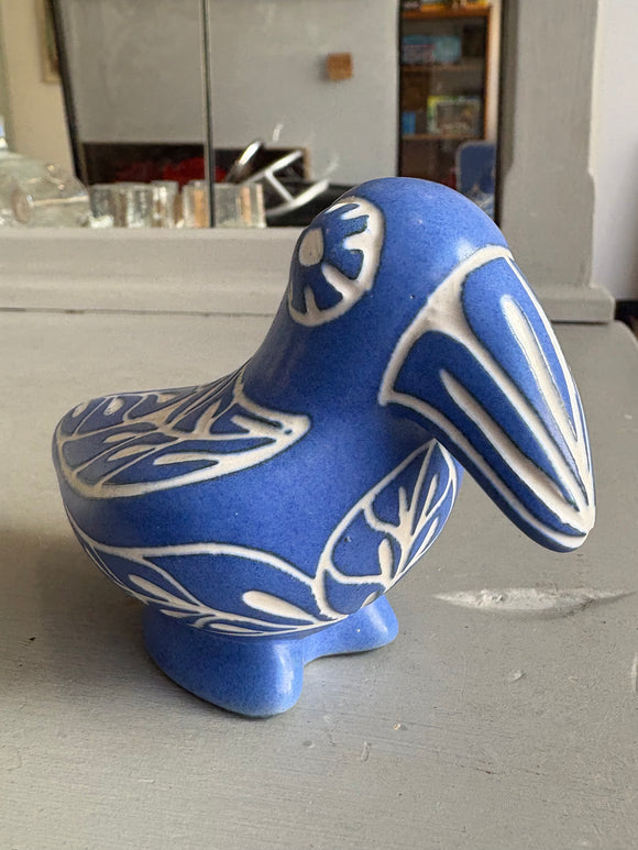 Vintage Pablo Zabal Chilean blue ceramic bird figurine with white decoration
