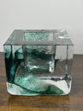 Kosta Boda Heavy Glass Brick Candle Holder – Marine Green & Clear Swirl Design