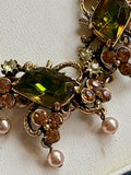 Florenza Signed Vintage Necklace, 1950s Gold Tone, Peridot Green Rhinestones & Faux Seed Pearls — As Found