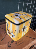 Vintage Twinings Tea Tin – 1950s/60s Yellow Storage Tin with Chrome Tea Set Graphics