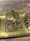 Art Nouveau brass and glass double inkwell