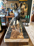 Front view of 1930s spelter deer sculpture on marble base