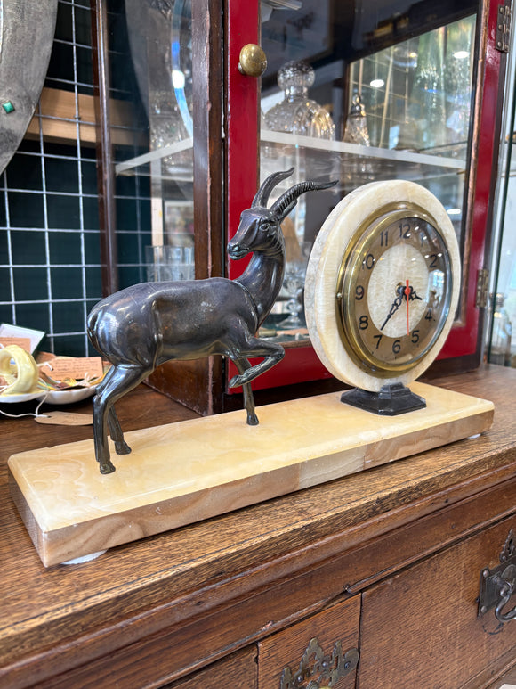 Art Deco marble mantel clock with stag garniture