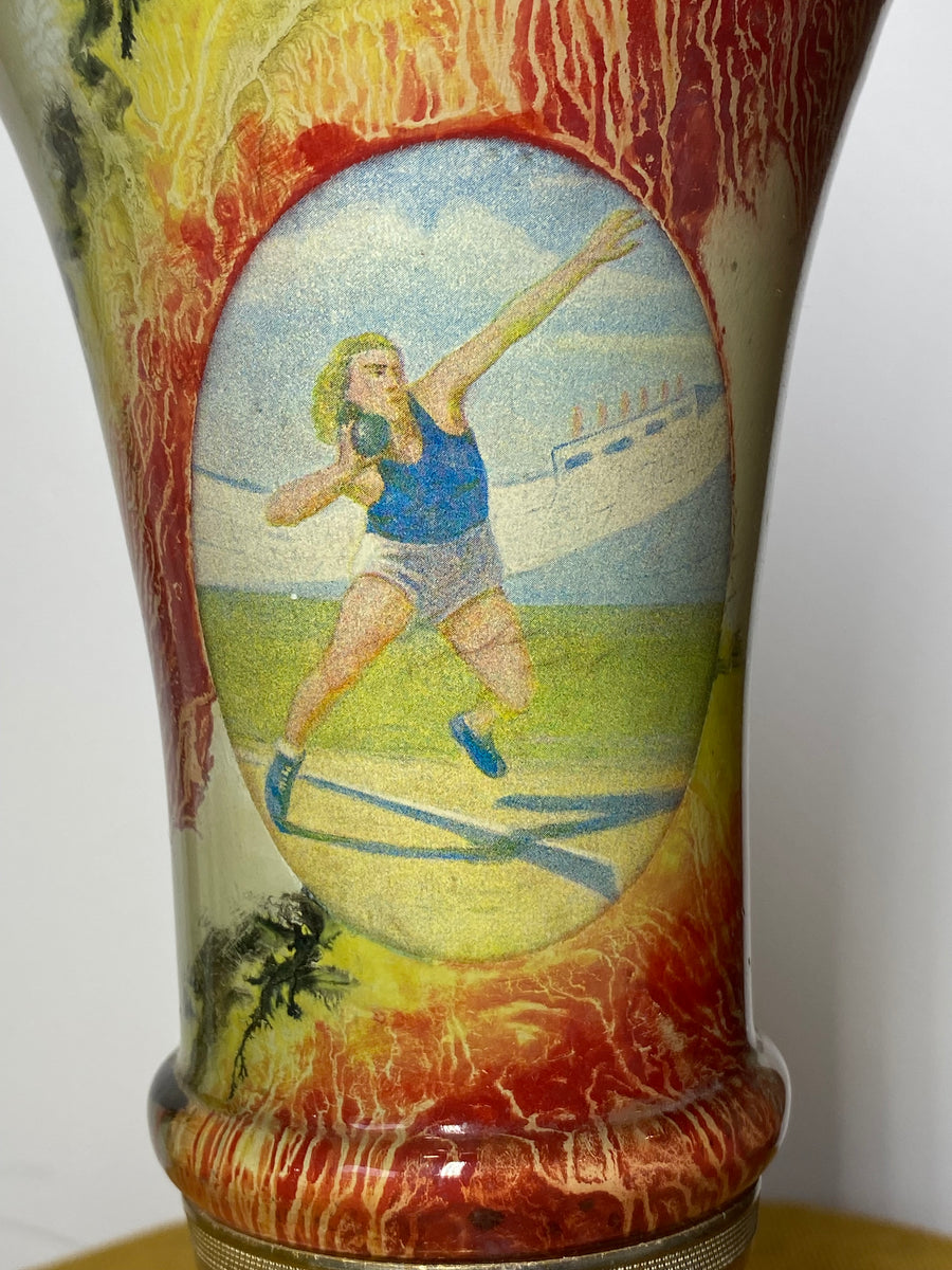 Mid-Century Soviet Shot Put Trophy – Metal & Painted Glass – windsorvintage
