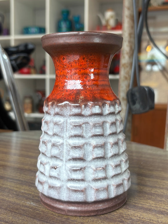 1970s Jasba Keramik West German Vase – Orange & White Textured Glaze – 14.5cm