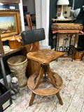 Edwardian adjustable oak artist chair by Glenister High Wycombe with leather backrest