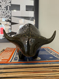 Front view of Lotus Pottery horns and olive green glaze 