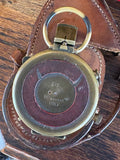 Interior of leather compass case, open, showing War Department broad arrow stamp