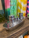 Vintage Chrome “Falmouth” Ship Cruet Set with Blue Glass Liners, 1930s–40s