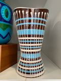 1960s West German pottery vase with brown, blue and white drip glaze, front view