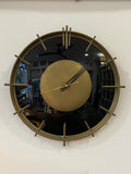 Stylish 1960s French Wall Clock – Brass & Black Glass with Quartz Movement