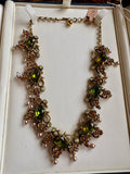 Florenza Signed Vintage Necklace, 1950s Gold Tone, Peridot Green Rhinestones & Faux Seed Pearls — As Found