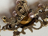 Florenza Signed Vintage Necklace, 1950s Gold Tone, Peridot Green Rhinestones & Faux Seed Pearls — As Found