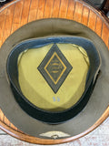 Top-down view inside a Soviet Air Force cap showing the olive lining, factory label and size 59 stamp