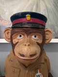 Close-up of chimp face and military cap
